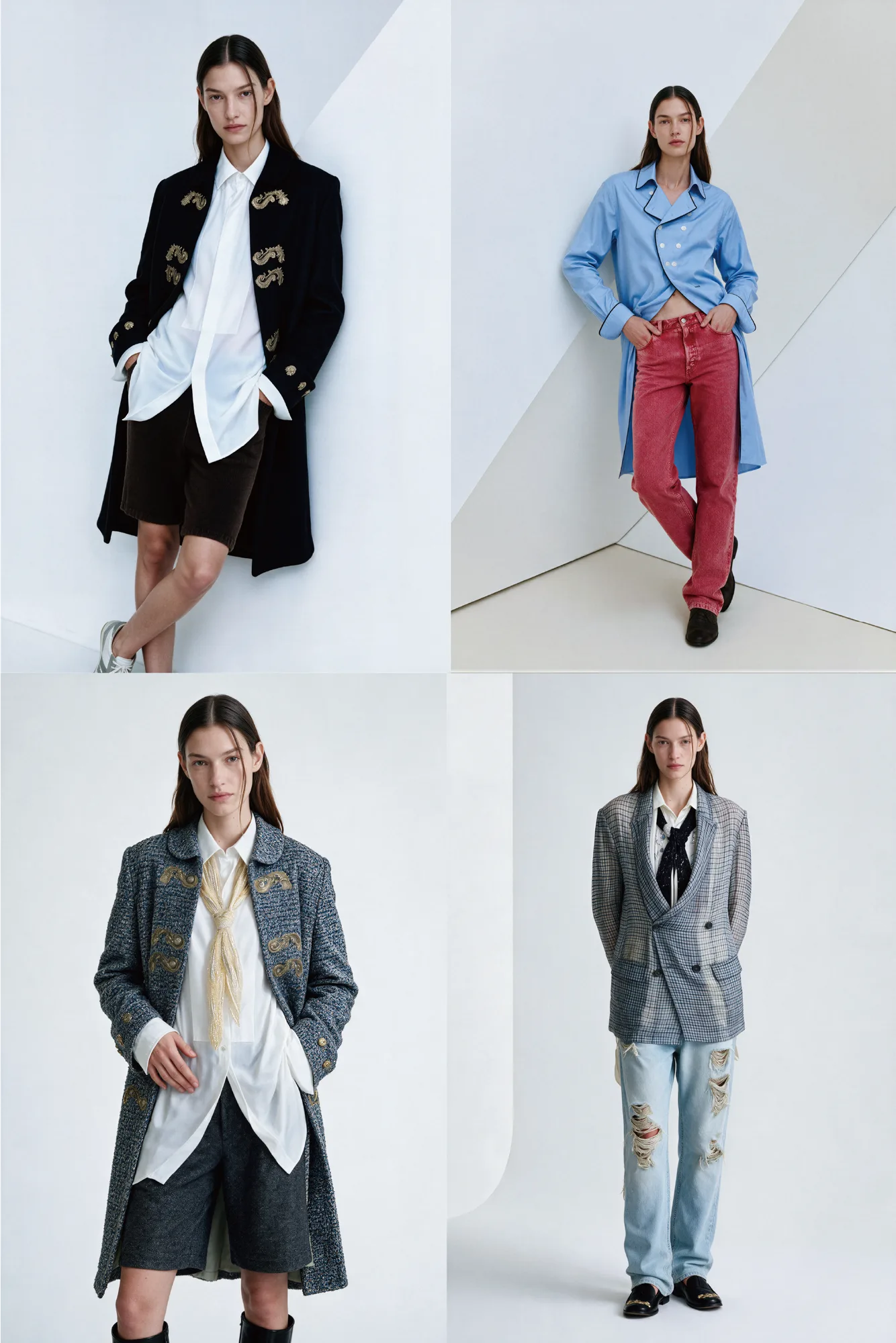 Four-look fashion lookbook arranged on a white geometric set