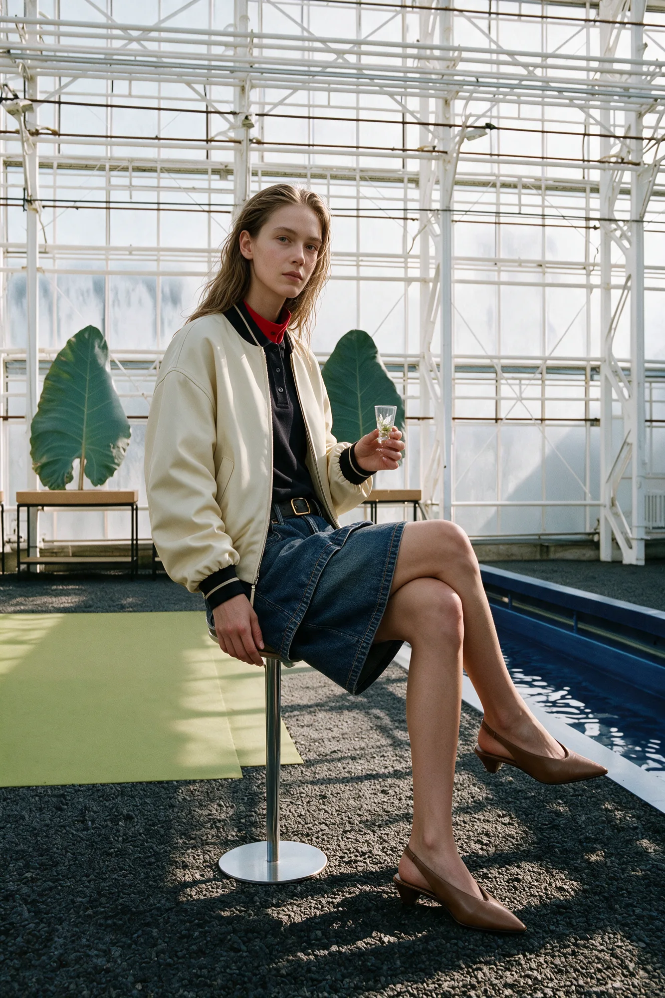 Seated model in cream bomber jacket beside the greenhouse pool